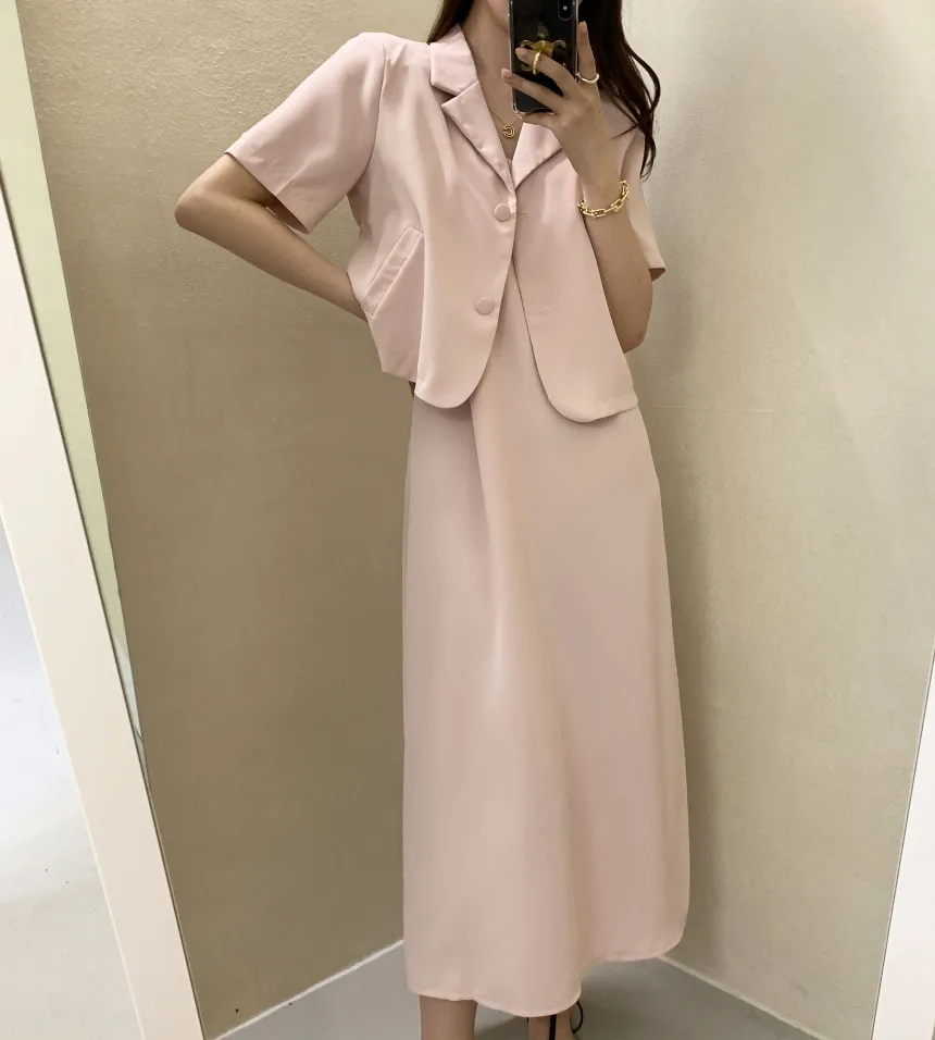 Elegant Blazers Ladies Turn-don Collar  2 Pieces Sets 2025Summer Loose Vest Dress Female Women Casual Skirt Set Y102