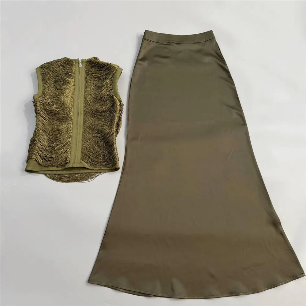 Vestido Maxi de Dos Piezas con Flecos Retro de Lujo, Sin Mangas, Cuello Alto, Satinado, Falda Larga, Elegante Vestido de Noche para Fiesta o Club