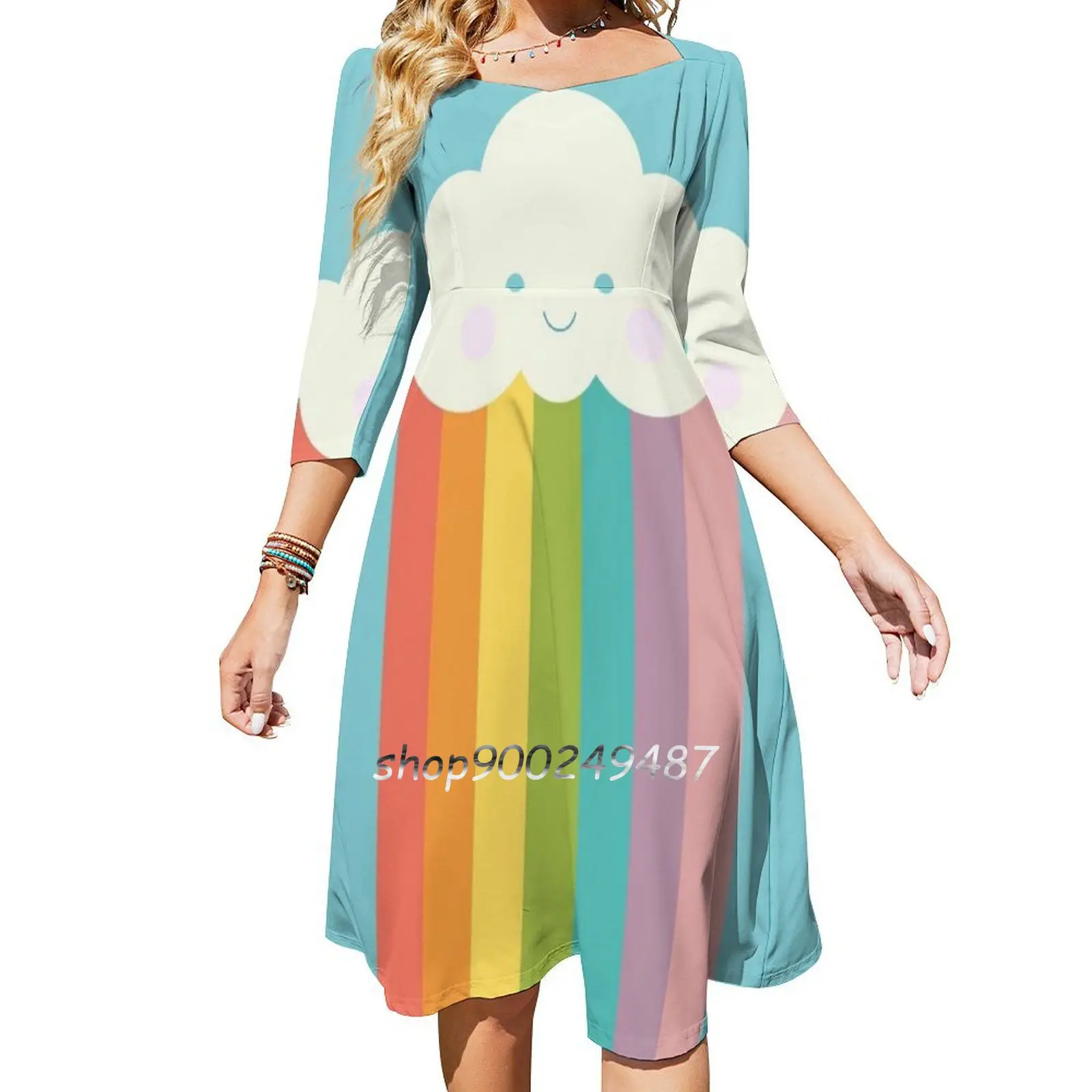 

Proud Rainbow Cloud Square Neck Dress New Plus Size Elegant Women Waist Tight Dress Rainbow Pride Proud Minimalism Minimal Pop