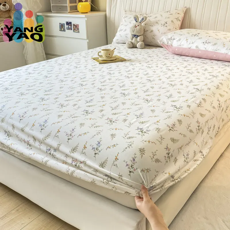 

100% Cotton Sheet Printing Fitted Sheet Pure Cotton Mattress Cover Single Double Queen Size Bed Sheet with Elastic Band Bedsheet