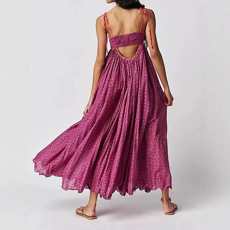 Elegantes Damenkleid mit Hoher Taille für den Urlaub, Neues Ärmelloses Rückenfreies Plissiertes Kleid, Vintage Kleines Blumenmuster Neckholder-Kleid