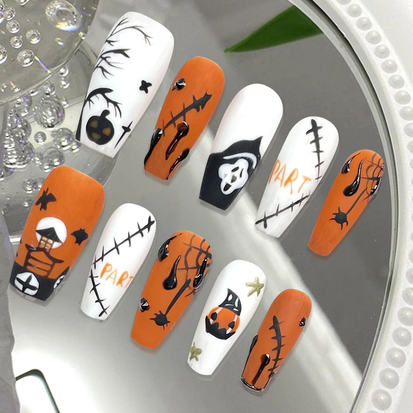 Handmade Medium T False Nails Hand Painted Pumpkin Press On Nail White Orange Little Ghost Designs Nail Tips For Halloween Party