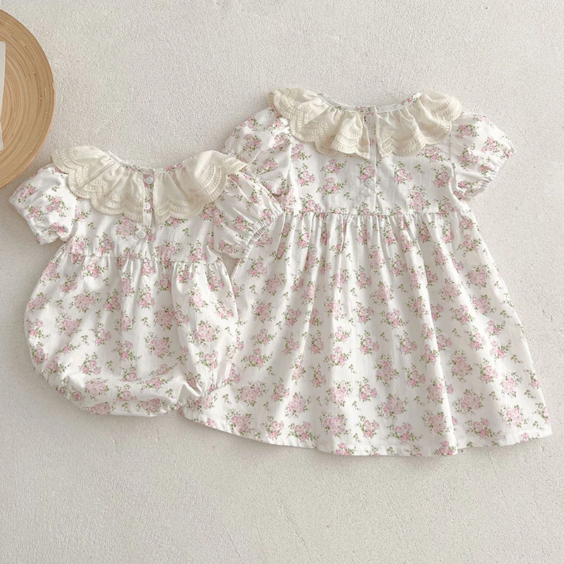 Sister Baby Girls Flower Dresses Girl Romper New Summer Sister Matching Outfit Lace Collar Flowers Dress Toddler Princess Romper