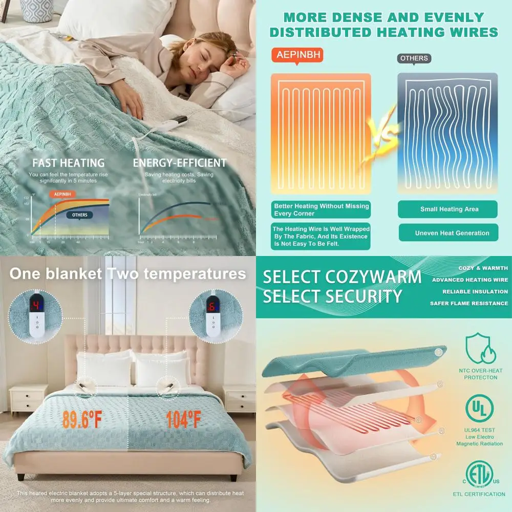

6-Setting Heated Blanket with 10-Hour Auto Shut-Off, Soft Flannel, ETL & FCC Certified, Green, 90x100