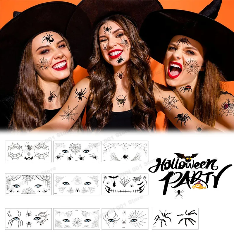 Halloween Spider Face Tattoo Stickers Disposable Scary Bat Design Temporary Tattoos for Children Adult Party Decoration