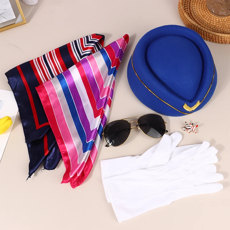 Accesorios de ropa de asistente de vuelo para mujer, disfraz de asistente de vuelo, sombrero, gafas de sol, bufanda, guantes