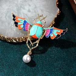 Winged Scarab Brooch Colorful Egyptian Revival Beetle Egypt Pin New Alloy Dropping Oil Beetle Pearl Breast Needle Women's Insect