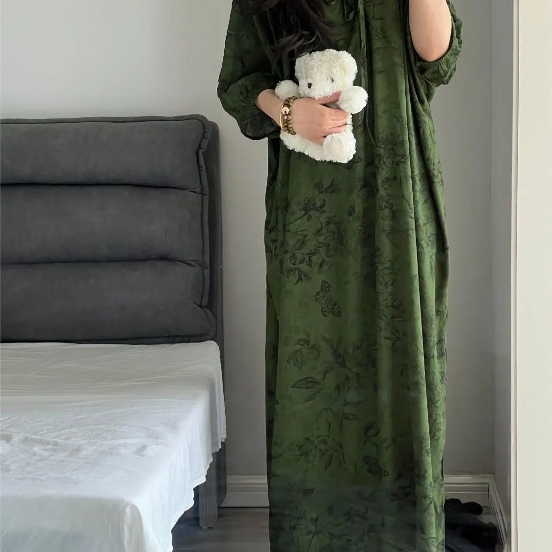 

Ночная рубашка в китайском стиле, женская зеленая ночная рубашка с принтом, весна-осень, новая свободная пижама, домашняя длинная юбка, ночная рубашка, одежда для сна, ночная рубашка