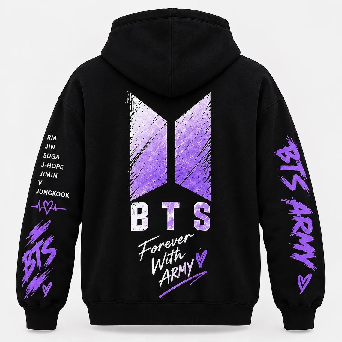 2026 BTS Doppelseitiger Hoodie Lila Graffiti-Logo Mitgliedernamen Ärmel-Print Kpop ARMY Fans Damen- und Herren-Pullover-Sweatshirt – Detail 3
