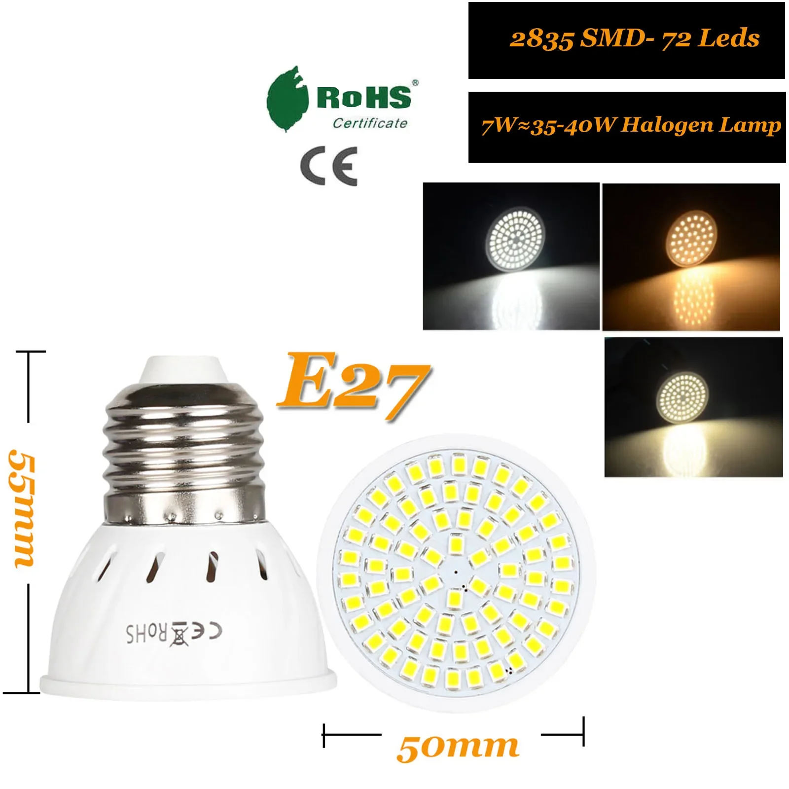 Lâmpadas LED de Poupança de Energia, E27, 3W, 5W, 7W, Base de Parafuso, 2835 SMD, AC 110V, 220V, Branco Brilhante, Spot Light para Casa e Hotel