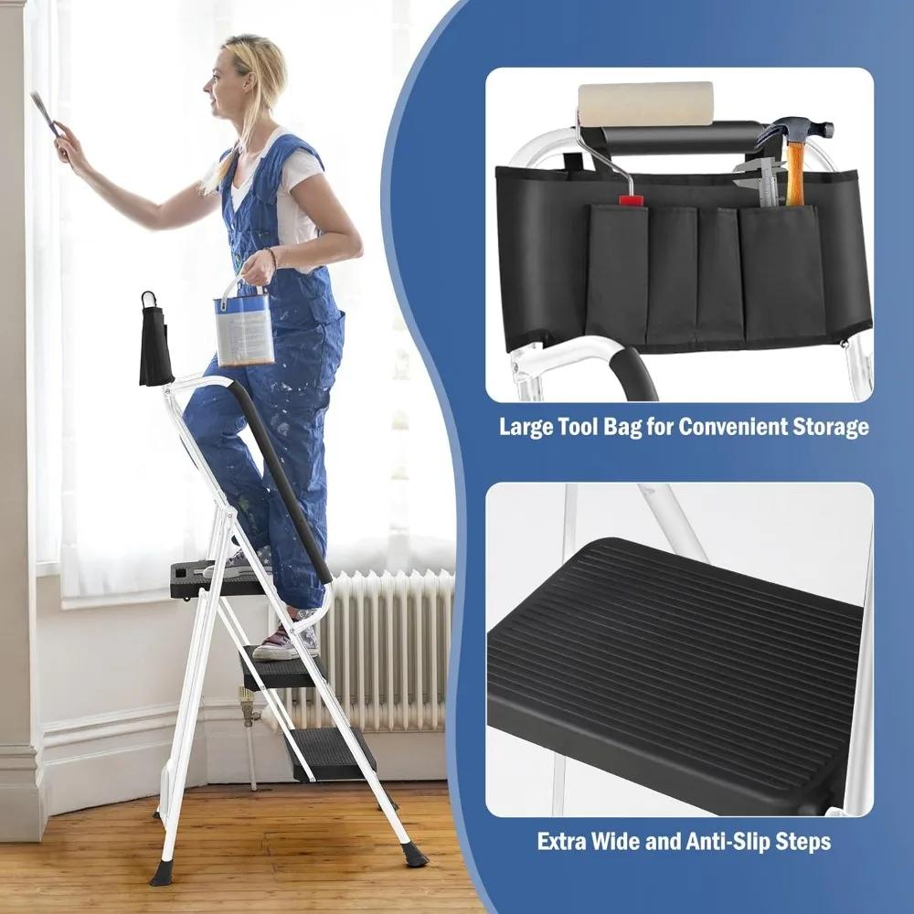3-Step Ladder with Hand Rails Anti-Slip Platform & Rubber Feet - Lightweight Heavy Duty Foldable & Portable - 330 lbs Capacity