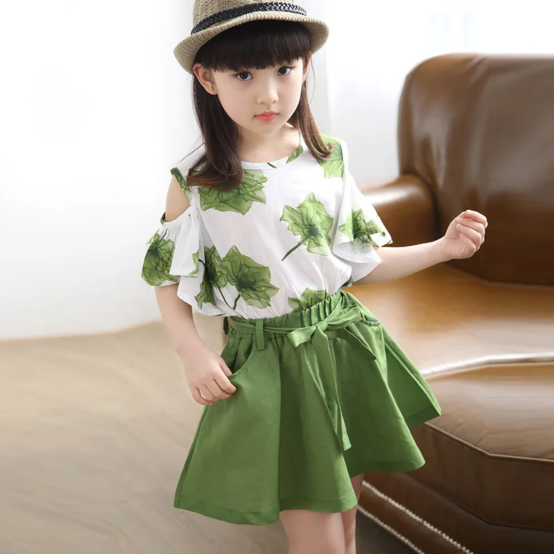 Girls Skirt Set 2024 New Childrens Maple Leaf Set Girls Chiffon Off Shoulder Two Piece Set