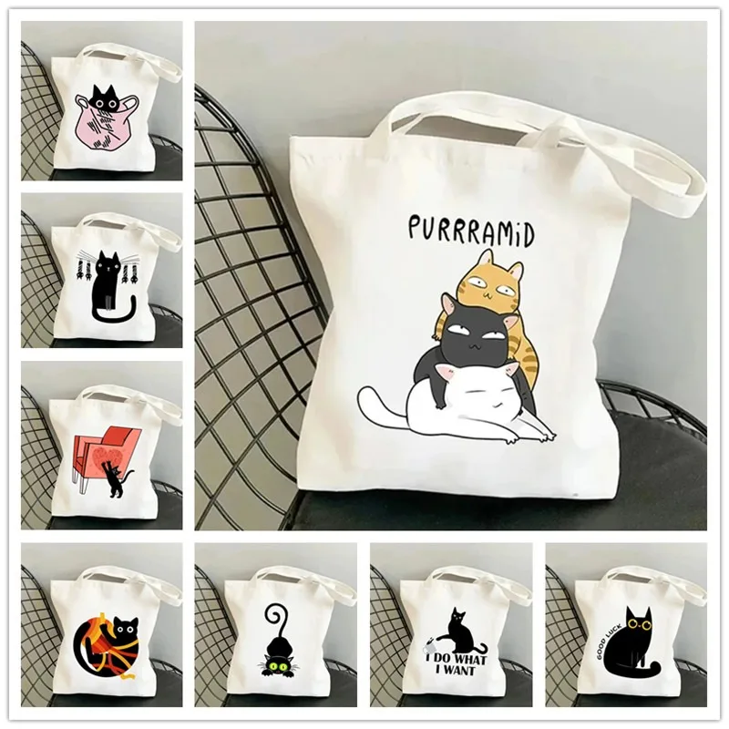 Divertente borsa tote in tela da donna con gatto nero Borse per la spesa di grande capacità Borsa a tracolla femminile con cartoni animati Harajuku