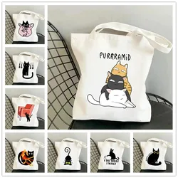 Funny Black Cat Women Canvas Tote Bag Large Capacity Shopping Bags Harajuku Cartoon Female Shoulder Handbag Eco Girl Handbags