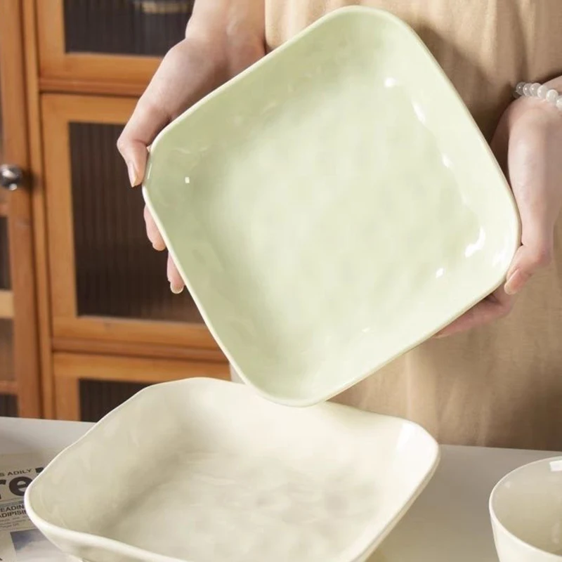 

Бытовые квадратные керамические тарелки светло-зеленый кремовый ветер высокая эстетичная обеденная посуда 8,5 дюймов подглазурный цвет твердая тарелка