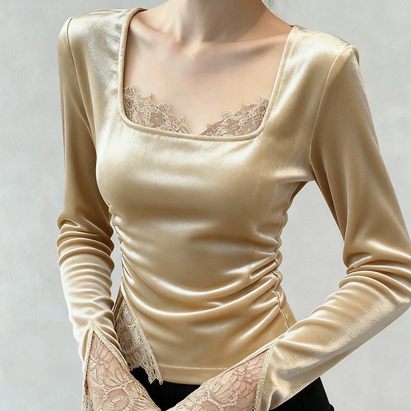 

Женская осенне-зимняя абрикосовая бархатная рубашка с длинными рукавами, элитный модный роскошный топ, сексуальный женский костюм на 2026 год