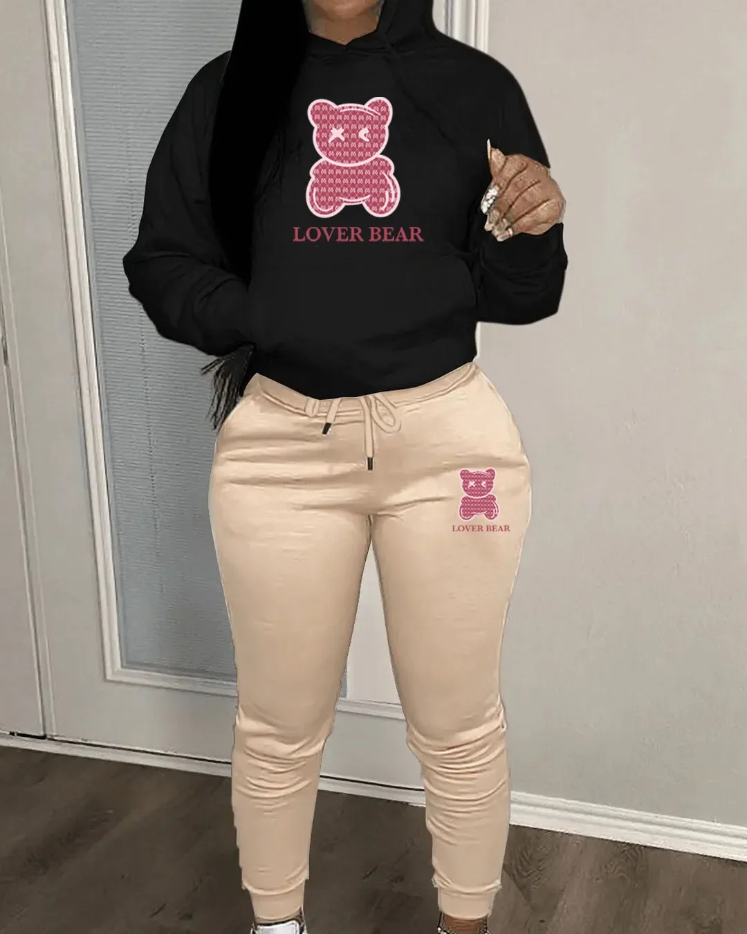 Lovely Bear Letter Print Kangaroo Pocket Long Sleeve Hooded Workout Set + Female Drawstring Pants Two Pieces Matching Suits 2024