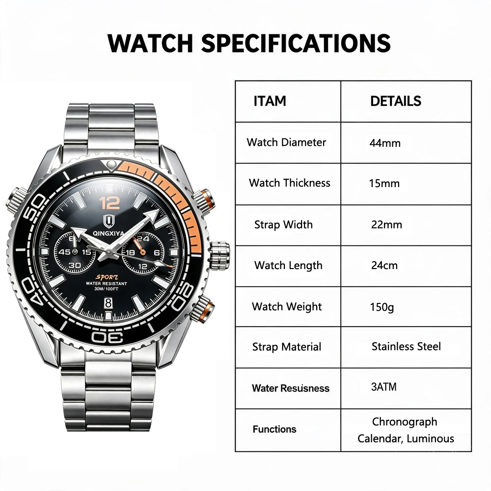 QINGXIYA Marken-Luxus-Herrenarmbanduhr Sport-Chronograph Wasserdicht Leuchtend Datumsanzeige Uhren für Herren Casual Quarz Herrenuhr Reloj – Detail 12