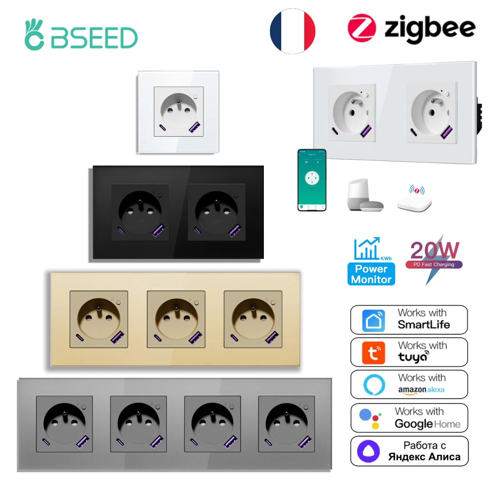 BSEED Zigbee FR – prise murale intelligente avec contrôle de la puissance, 16a, USB type-c, charge rapide, pour Tuya Google Alexa Alice