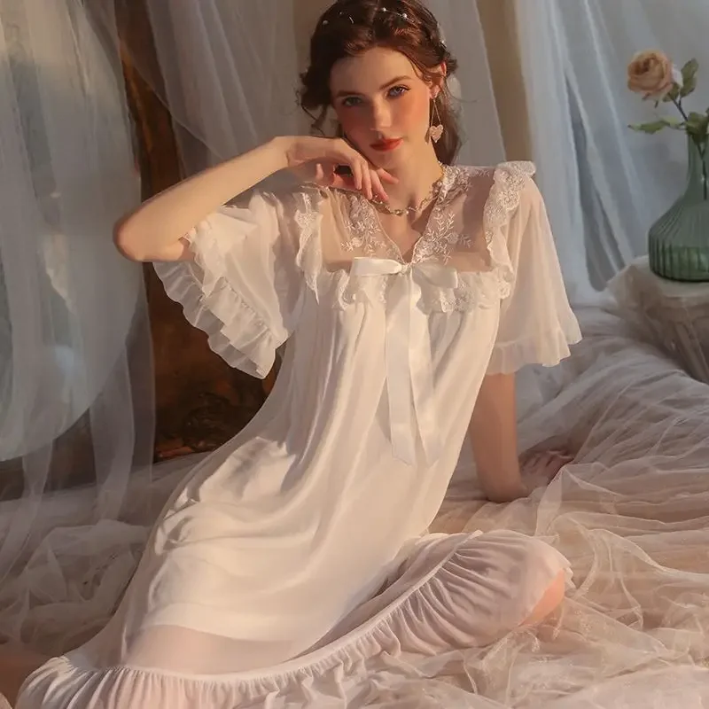 2025 Summer New European Court Style Short-sleeved Pajamas French Mesh Knee-length Nightgown Dress Fashion Princes White Dresses