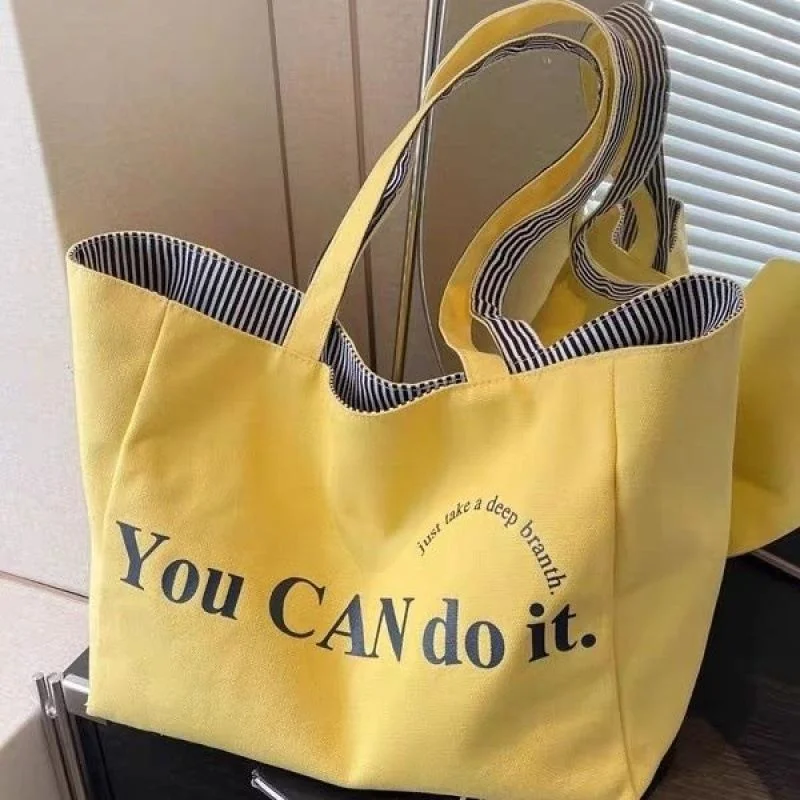 

Korean Sle Large Capaci Canvas Tote Bag Women's Double Stripe Casual All-Match Yellow Single oulder Bag