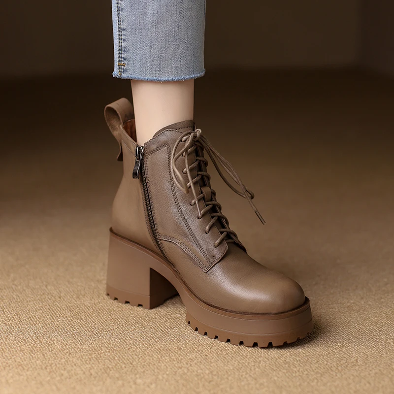 2024 Autumn/Winter Women Boots Women Shoes Round Toe Thick Heel Women Modern Boots Heels Platform Boots Genuine Leather Retro