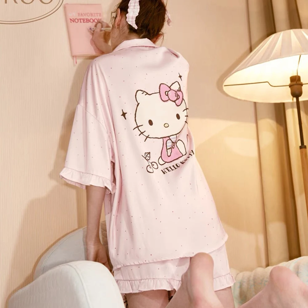 

Cartoon Hello Kitty Girls Pajamas Suit Summer Women Kawaii Casual Kt Homewear Set Anime Cute Short-Sleeved Shorts Nightclothes