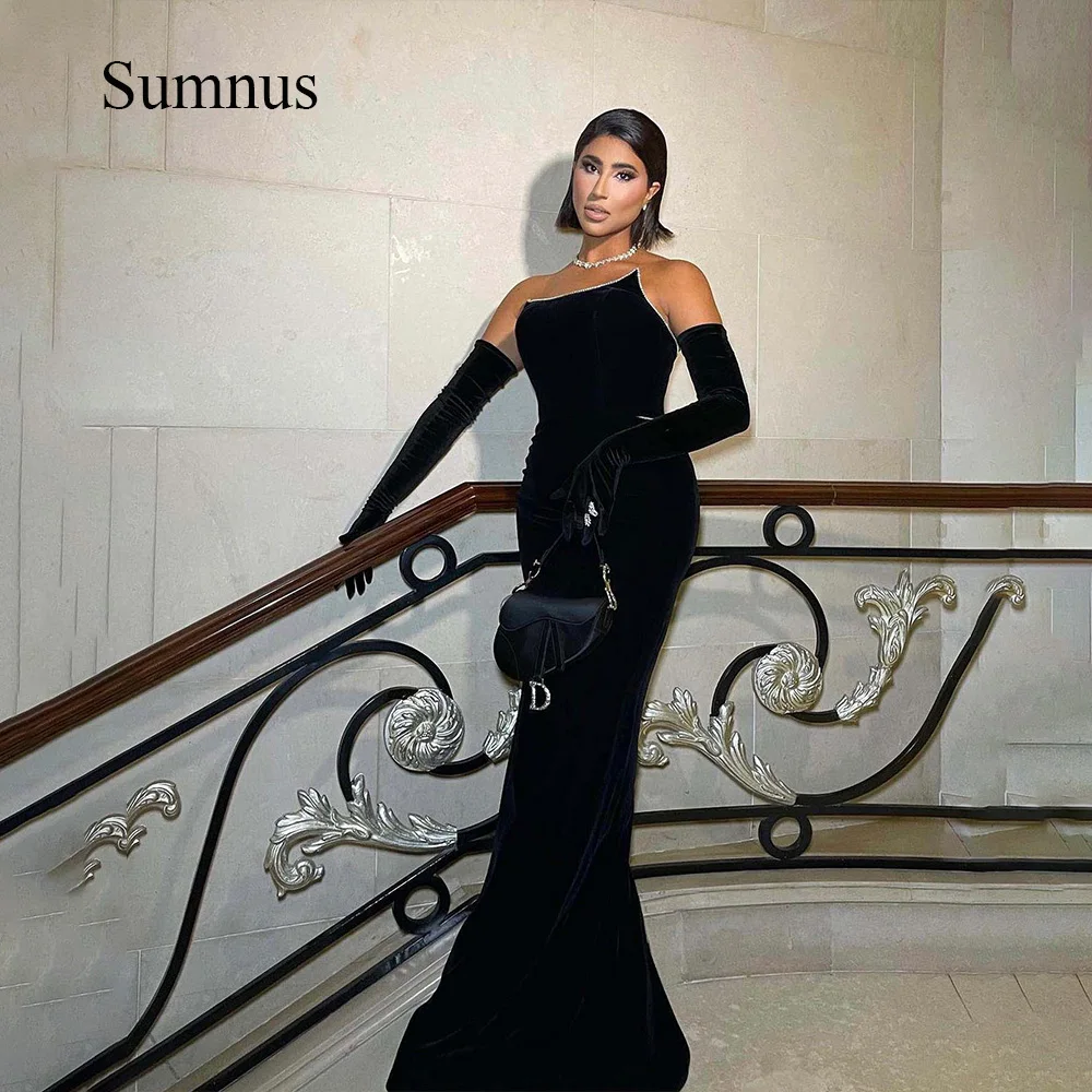 

Sumnus Black Mermaid Evening Dresses Beads Scoop Strapless Pleats Velvet Long Elegant Evening Dinner Dress Formal Gowns 2023