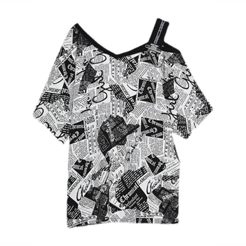 Streetwear Vintage Letter Printed Epaulet Chiffon T-shirt Ladies Loose Harajuku Skew Collar Off Shoulder Half Sleeve Top Summer