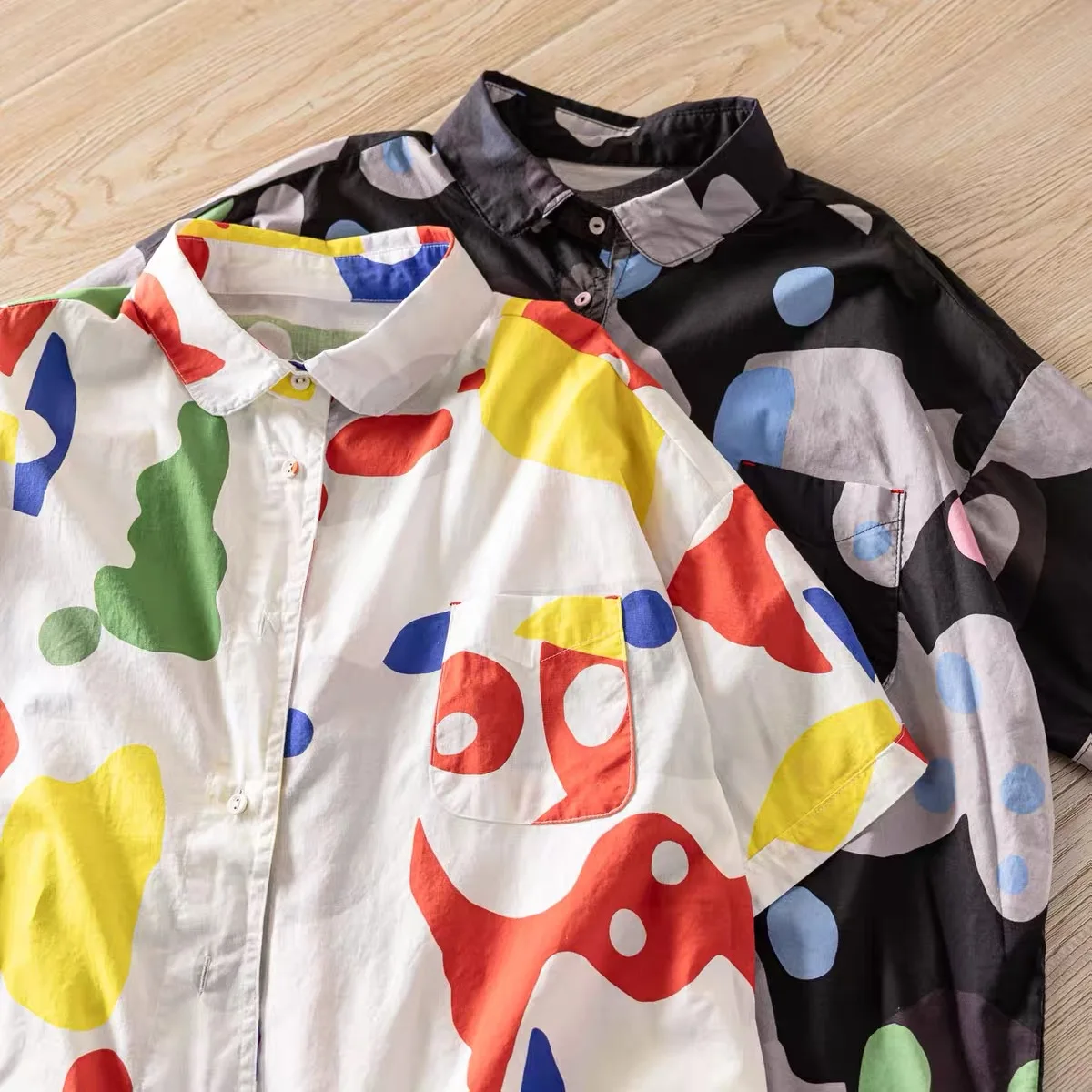 

100% Cotton Pop Art Abstract Irregular Spots Print Women Short Sleeve Shirt Oversized Collared Pocket Casual Summer Blouse