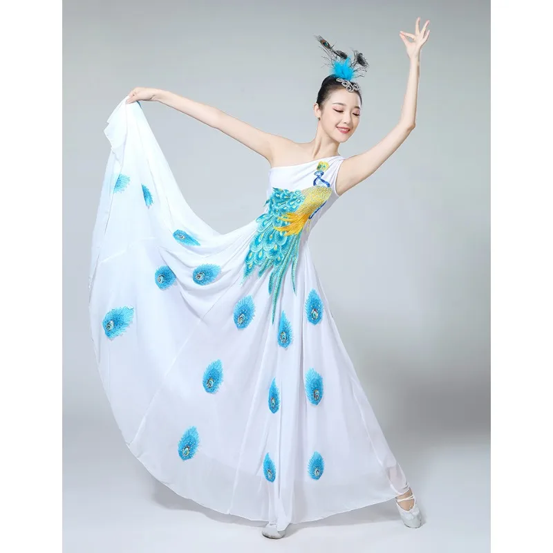Elegantes Pfauentanz-Performance-Kostüm, klassischer neuer Stil, Yangqigong-Tanzkleidung für Darsteller