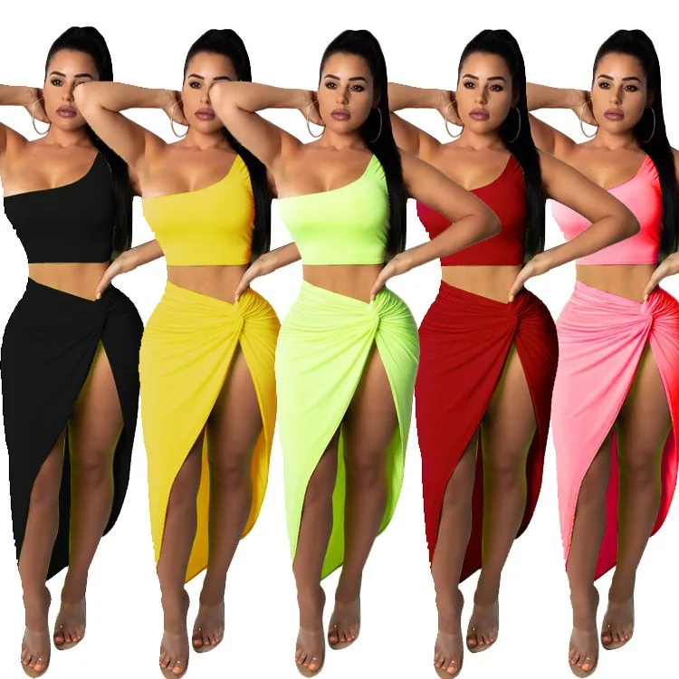 

Summer Women's Clothing Wrinkle Solid Color Casual Two Piece Set Sexy Outfits Midi Skirt For Woman Polyester Knit Fabric