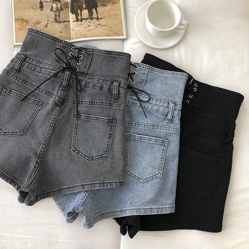 2023 New Women\'s High Waist Design Slim Button Denim Jeans Shorts Feminino Gary Blue Black