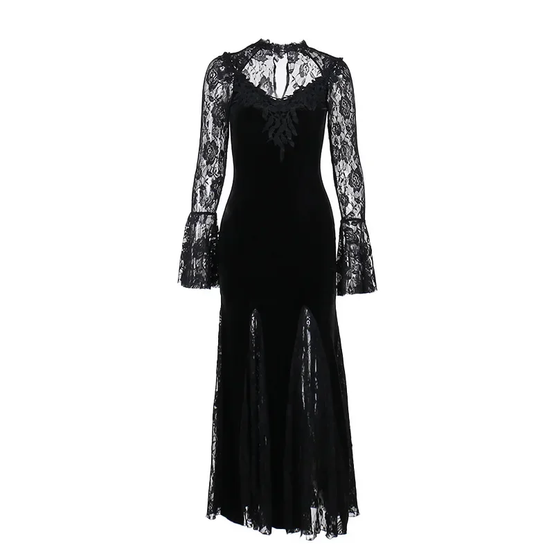 Aesthetic Gothic Midi Dress Women Vintage Elagnt Lace Patchwork See Through Flare Sleeve High Waist Clubwear Dress Femme