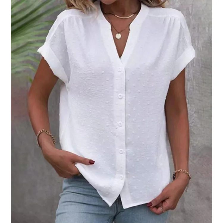 

Women's Short sleeved 2025 Summer New European and American Solid Color Jacquard V-neck Button Women's Shirt