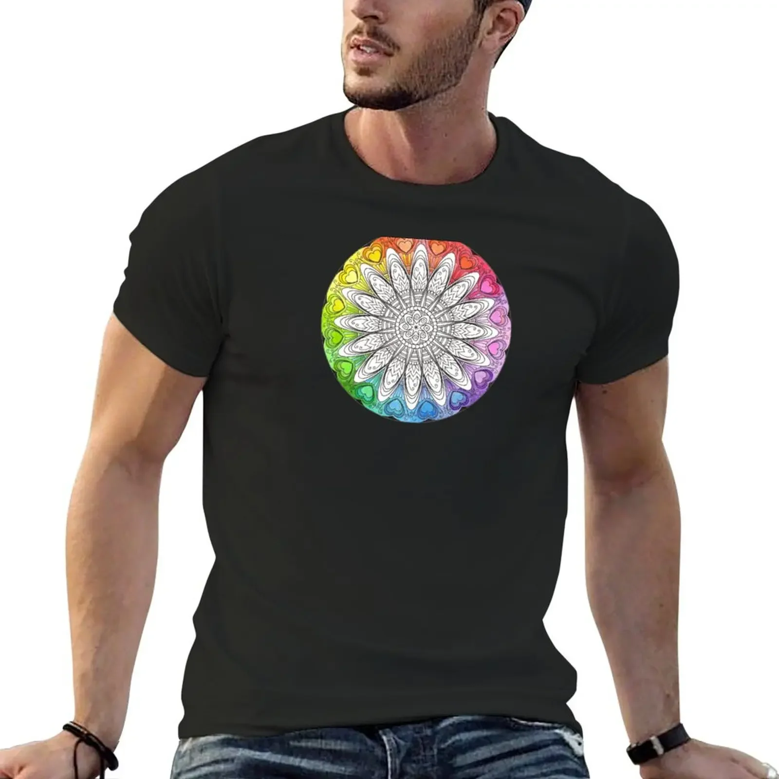 T-shirt Mandala coloré arc-en-ciel pour hommes, design dessiné à la main, impression animale pour garçons, grande taille, vêtements pour hommes