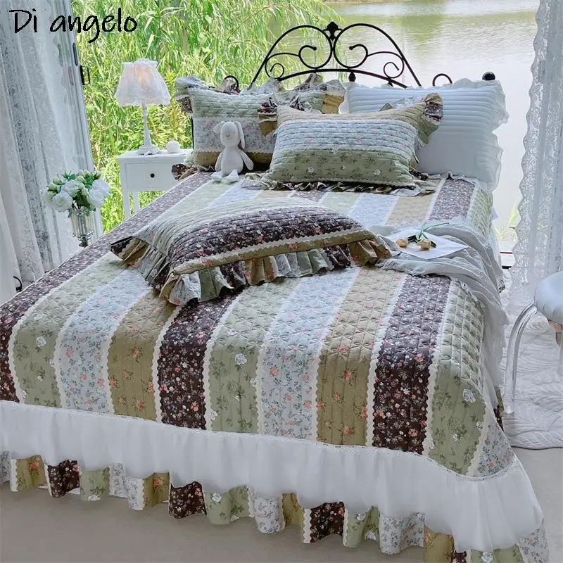 

European Style Floral Wrap Around Bed Cover, Bed Skirt Sheet, Pillowcase, Thickened Bed Cover, Cotton Quilted Bedspread #/