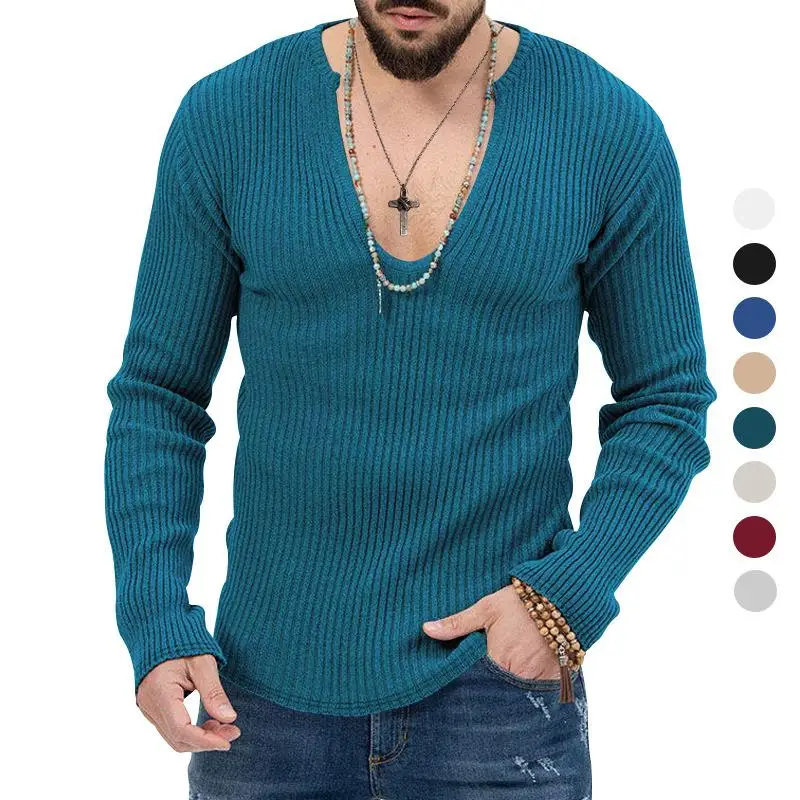 

Men's Deep Ne Knitted Long Sweater Cotton Breathable Casual V-Ne Svel Striped Youth Faion Thin Autumn Wear