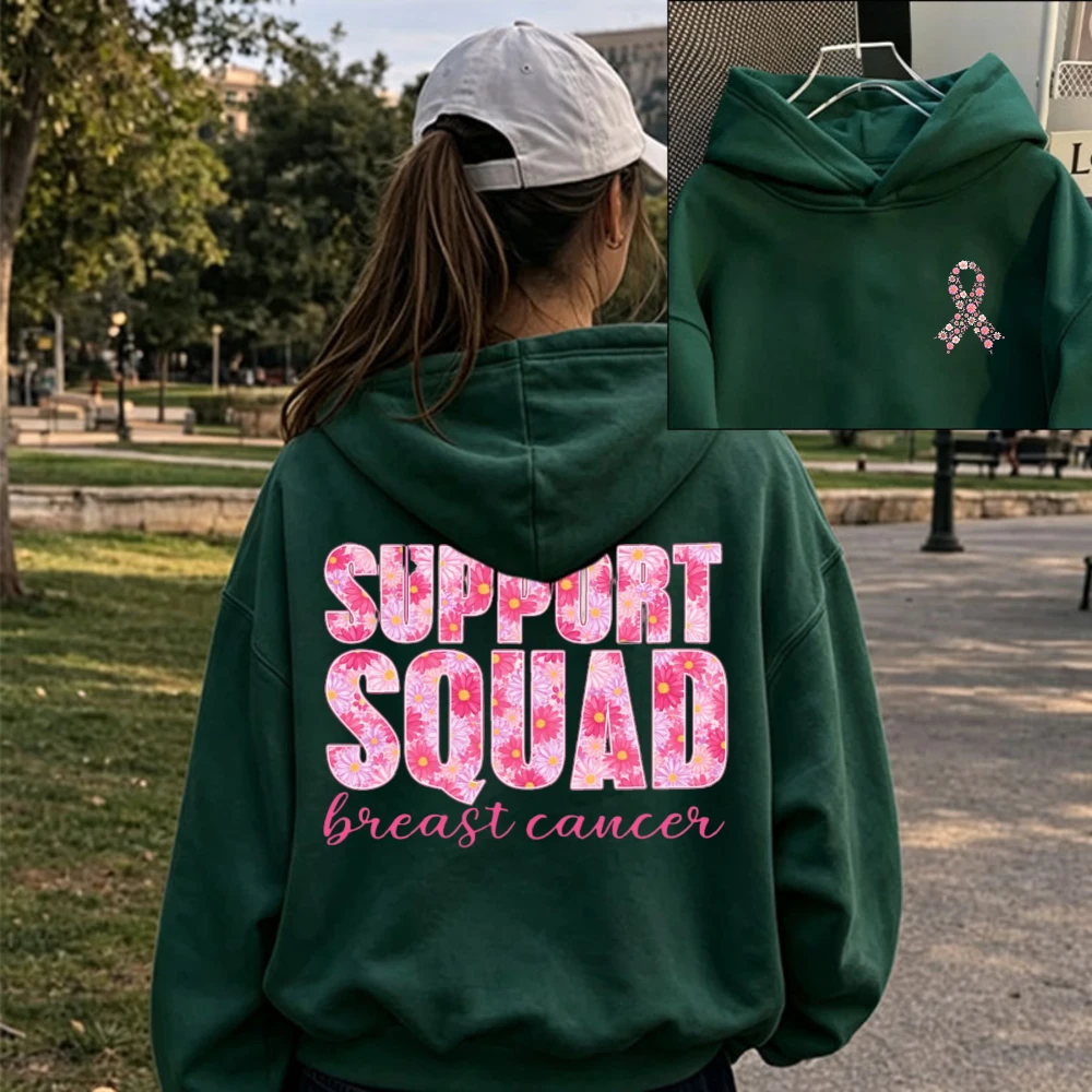 Women Support Squad Floral Breast Cancer Awareness Print Hoodie Oversized Casual Pullover Hooded Sweatshirt Support Squad Top