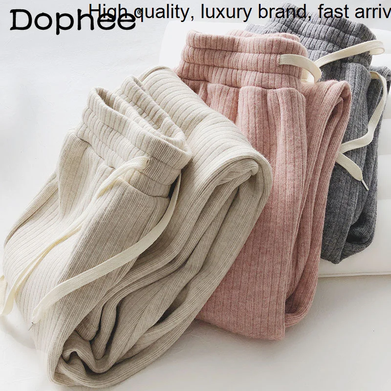 

Thicken Soft Fleece Wide Leg Women Winter High Waist Slimming Loose Drooping Straight Knitted Trousers Sports Casual Pants