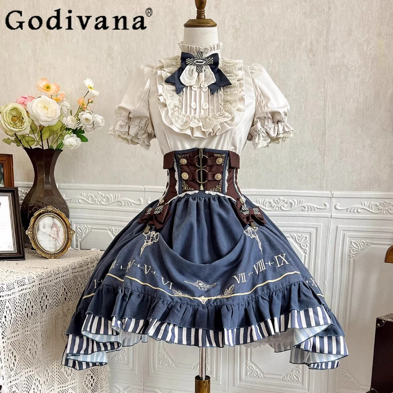 

Original Lolita Cos Outfits Vintage Gothic Lolita Cos Skirts Set Women Sweet Princess Punk Shirt Girdle Y2k Skirt 3 Piece Set