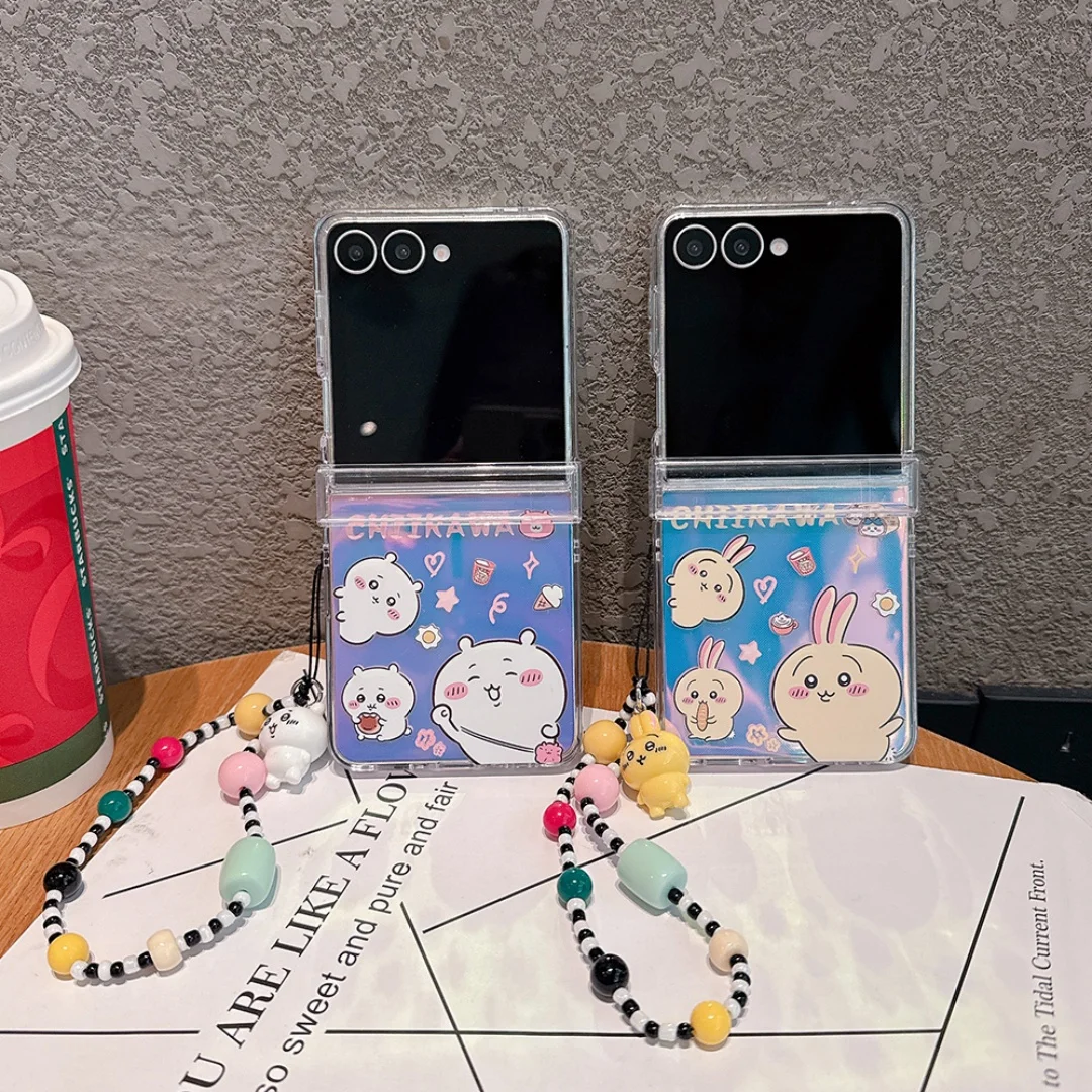 

Luxury Cartoon Laser blue light Pattern phone Case for Samsung Galaxy Z Flip 7 6 5 flip 3 4 zflip7FE Hand Wrist Chain Hard Cover