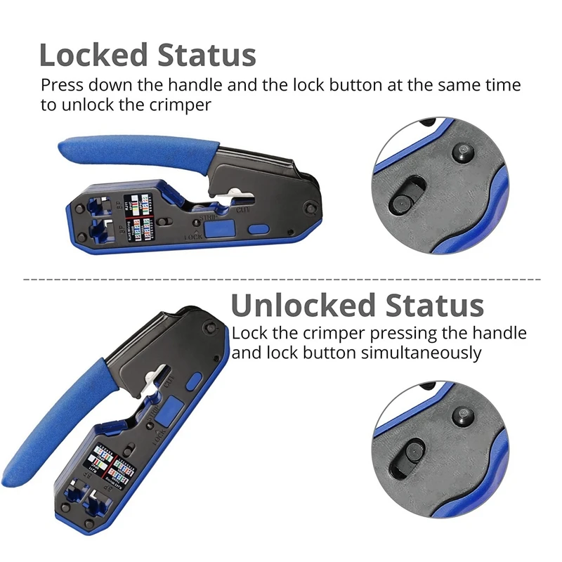 RJ45 Crimp Tool Set All-In-One Stripper Cutter With 50 PC CAT6 Pass Through Connectors 50 PC RJ45 Cat6 Protection Covers