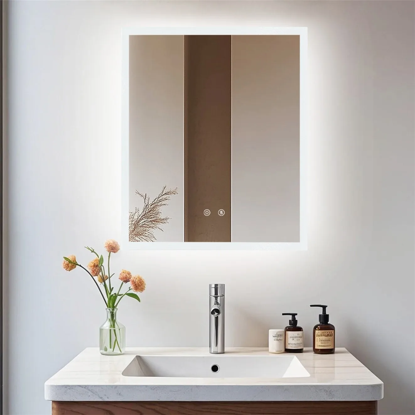 

Bathroom Mirror w LED Lighting 50 60 70 80 CM Wall Mirror w Anti-fog, Dual buttons, Memory, Tri-color light, Touch Dimmable