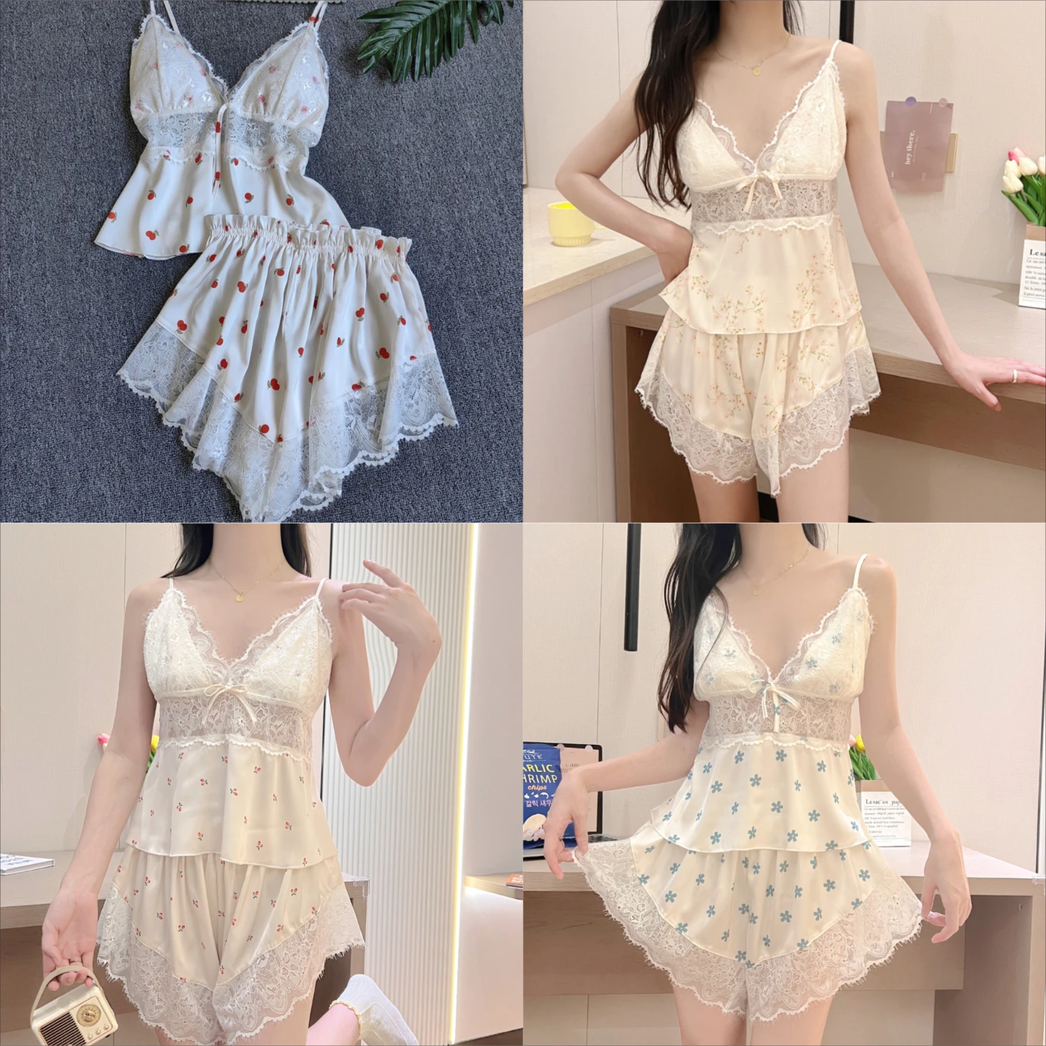 

Sexy Suspender Pajamas Set Women 2PCS Lace Sleepwear Cami&Shorts Intimate Lingerie Summer Silky Satin Nightsuits Homewear