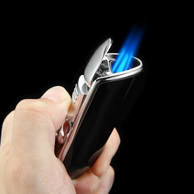 

2026 New Metal Three Straight Jet Gas Lighter Butane Torch Cigarette Lighter Cigar Punch Stripe Sharp Cigarette Lighter