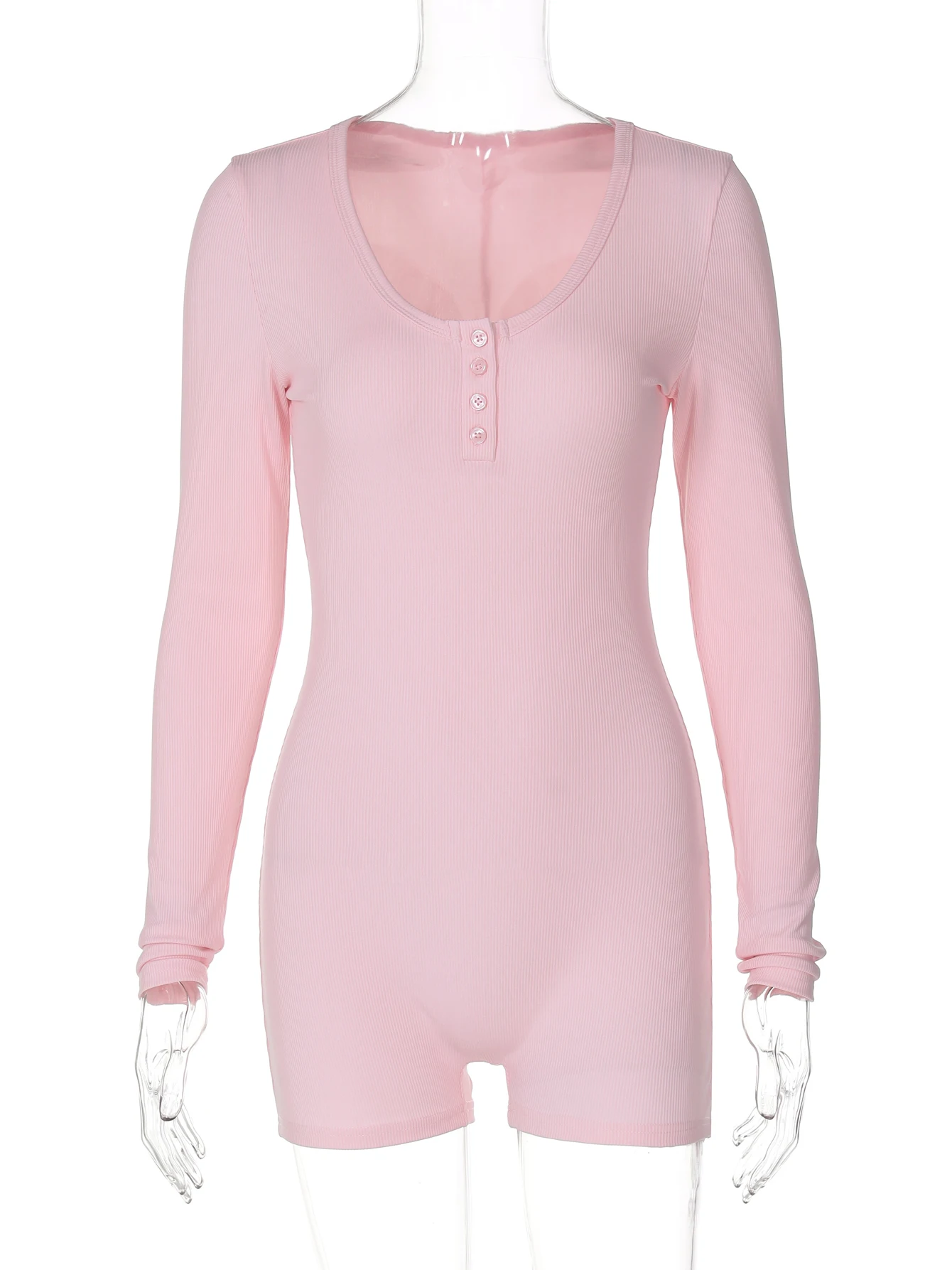 Hugcitar الربيع مضلع الصلبة ساحة طوق كم طويل أزرار مثير Bodycon نحيل Playsuit المرأة عادية رومبير الشارع الشهير الرياضة