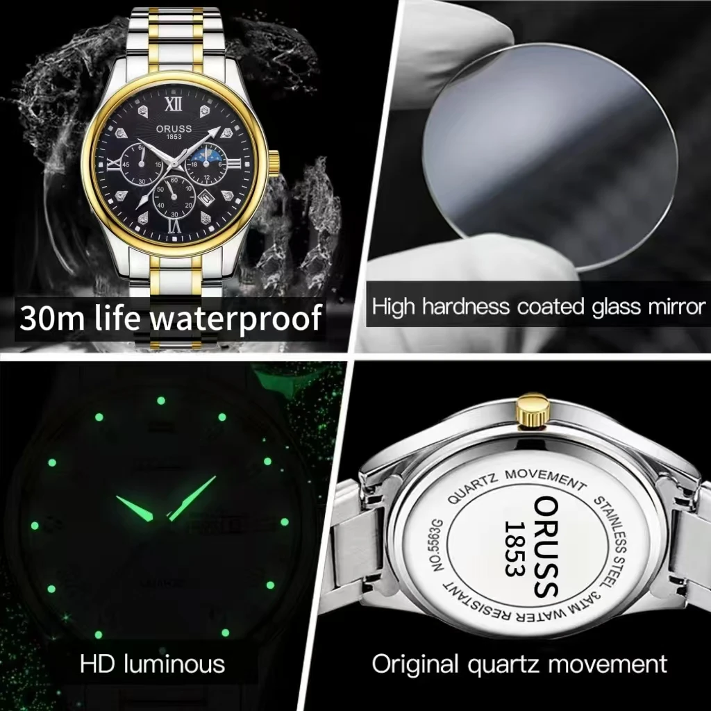 ORUSS оригинальные лучшие брендовые мужские часы из нержавеющей стали с двойным календарем, водонепроницаемые светящиеся роскошные золотые часы, модные кварцевые мужские наручные часы