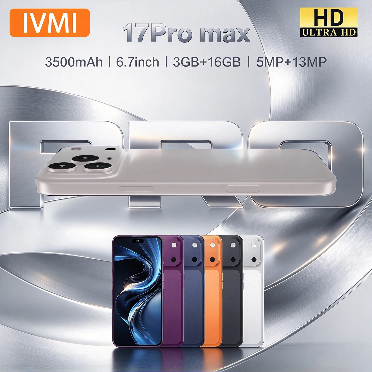 هاتف IVMI Global 17Pro Max الذكي بنظام أندرويد، شريحتين، شاشة 6.7 بوصة، ذاكرة 3 جيجابايت + 16 جيجابايت، هاتف خلوي 4G رخيص، مزود بنظام تحديد المواقع العالمي (GPS) وبصمة الإصبع وفتح القفل بالوجه