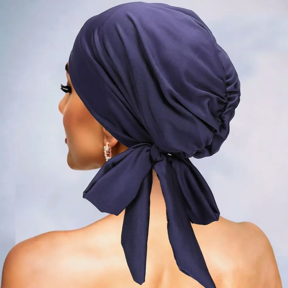 Soft Breathable Turban Hat For Musily Women Elastic Long Tail Bowknot Wrap Polyester Comfortable Chemo Beanie Headcover